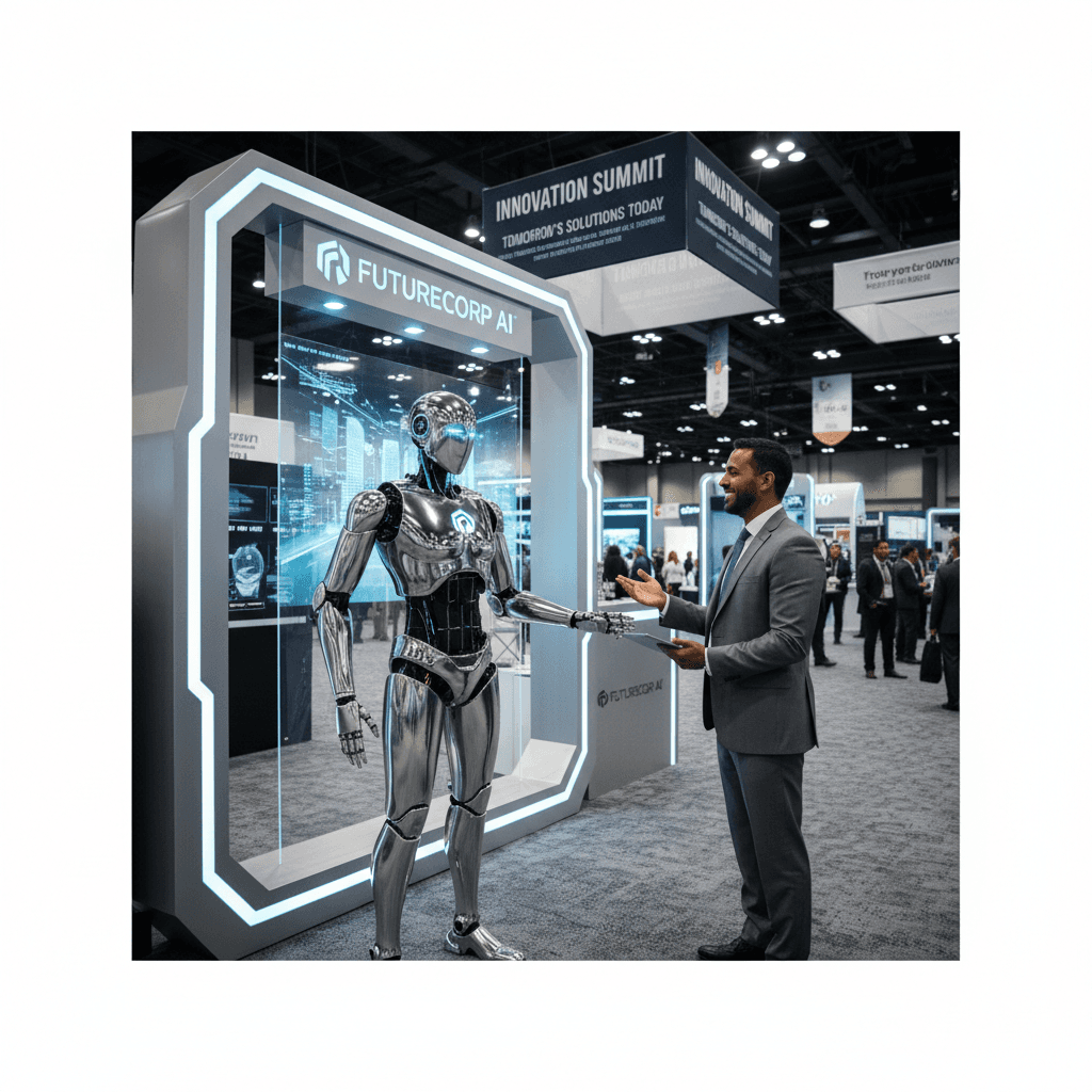 Humanoid robot at a trade show booth interacting with a visitor