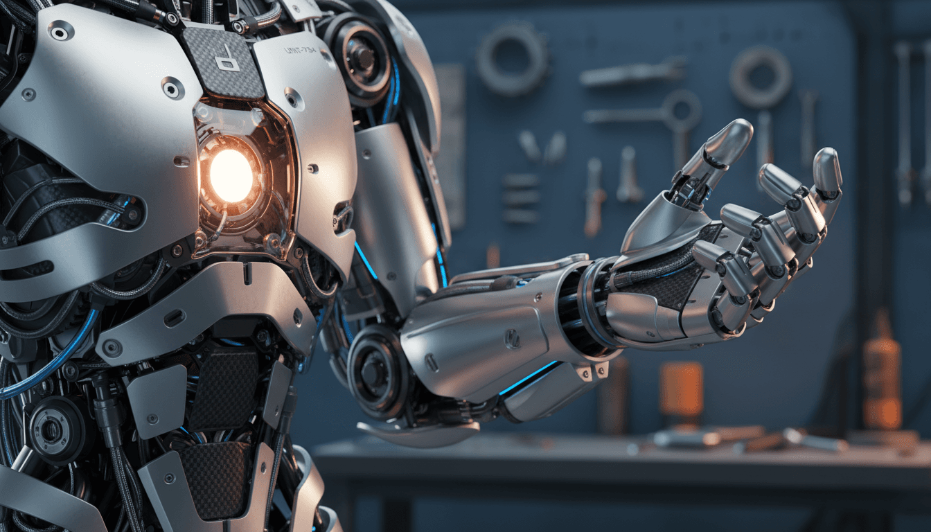Close-up detail of a humanoid robot's torso and hand