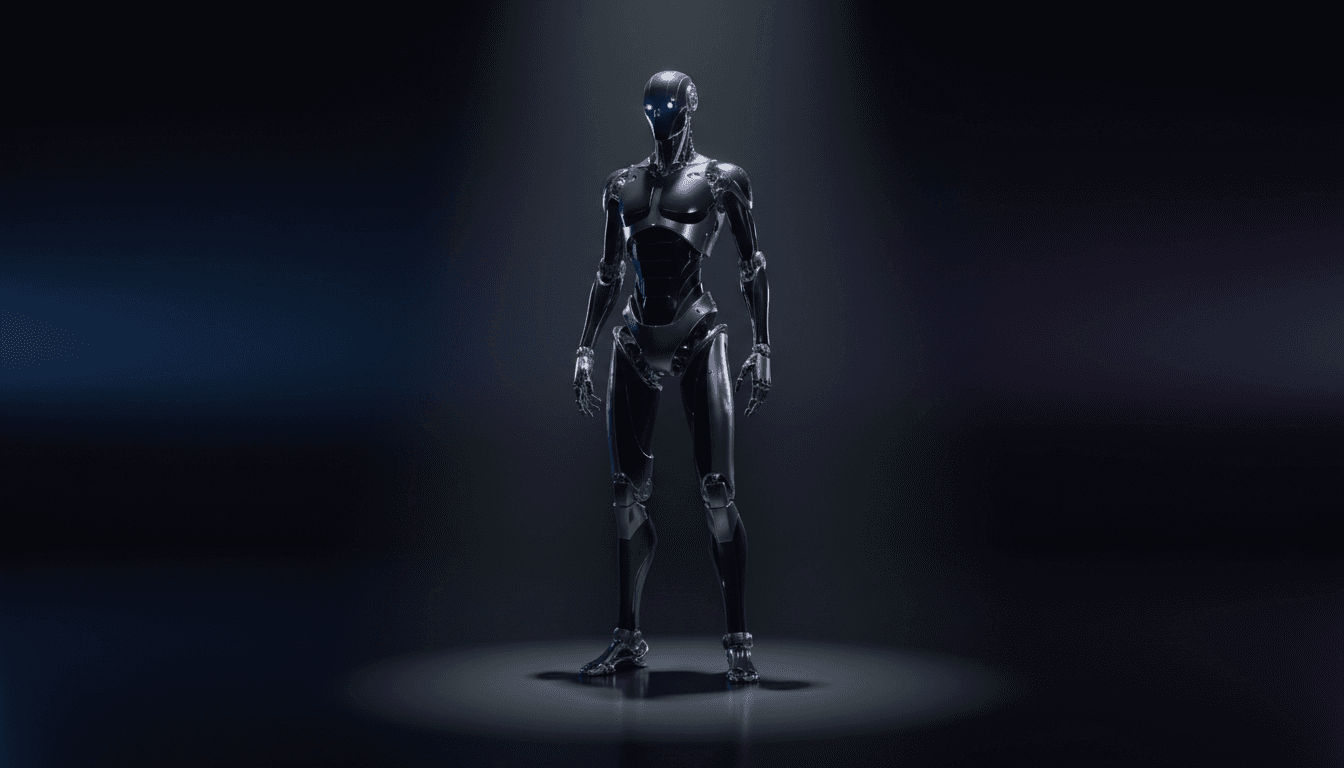 Humanoid robot standing in dramatic dark studio lighting