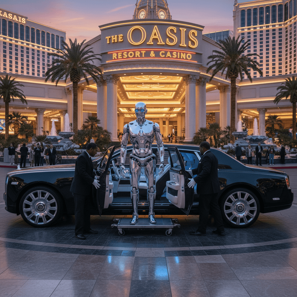 Robot arriving at a Las Vegas casino resort via black vehicle