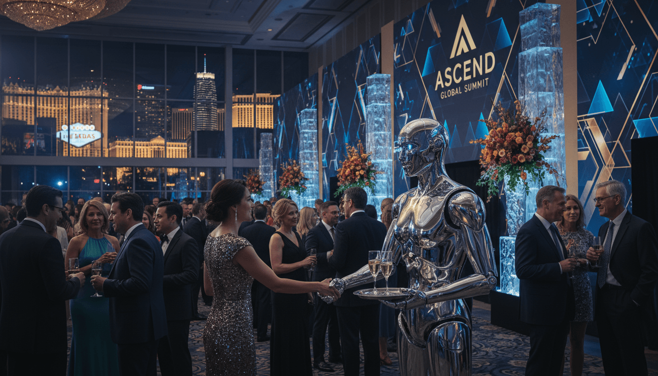 A humanoid robot in a business setting, surrounded by event guests in a modern venue