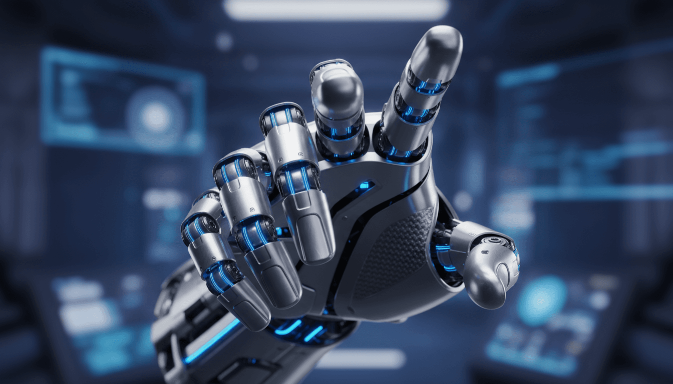 Close up of humanoid robot hand with articulated fingers