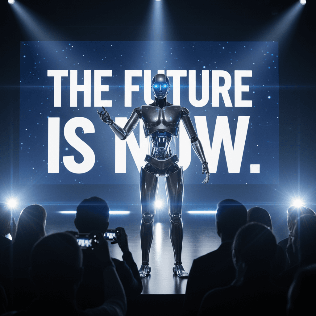 Robot presenting on stage at a tech conference