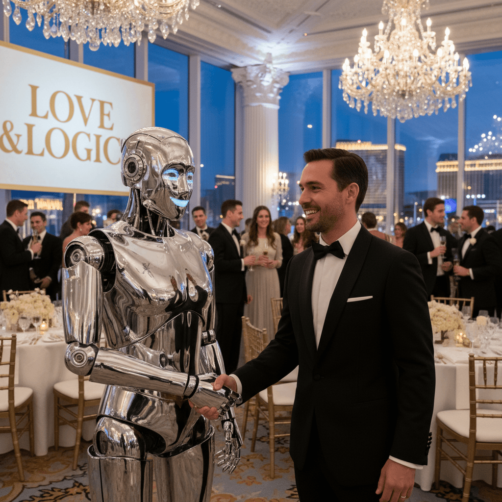 Robot greeting a guest at an upscale wedding reception
