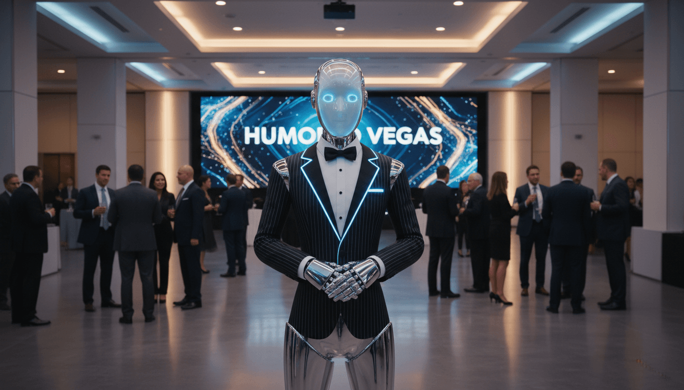 Sleek humanoid robot in a modern Las Vegas event space, soft lighting, guests in background, professional corporate setting