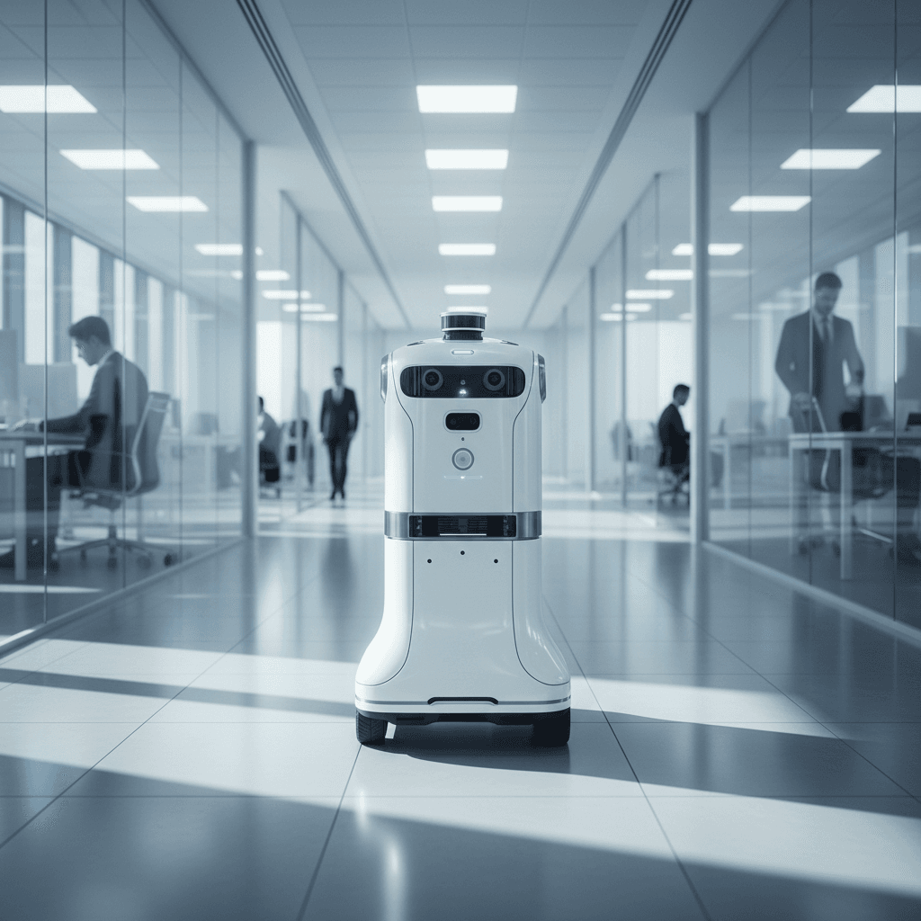 Autonomous delivery robot navigating polished corporate corridor with glass offices, natural window lighting