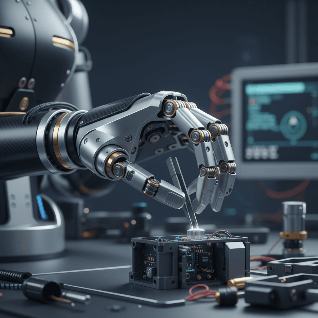close up of a humanoid robot hand with intricate mechanical details