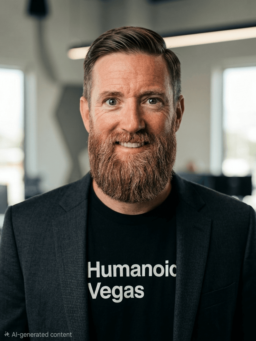 Professional portrait of a bearded man in a blazer and "Humanoid Vegas" black t-shirt.