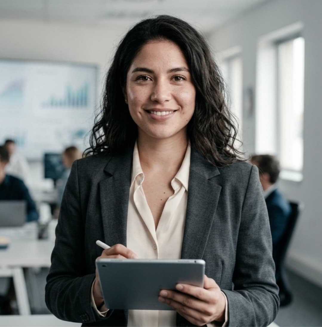 Smiling professional woman in a grey blazer holding a tablet and stylus in an office.